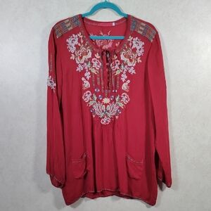 01578 Johnny Was brick red L/S 1/2 button floral embroidered blouse L